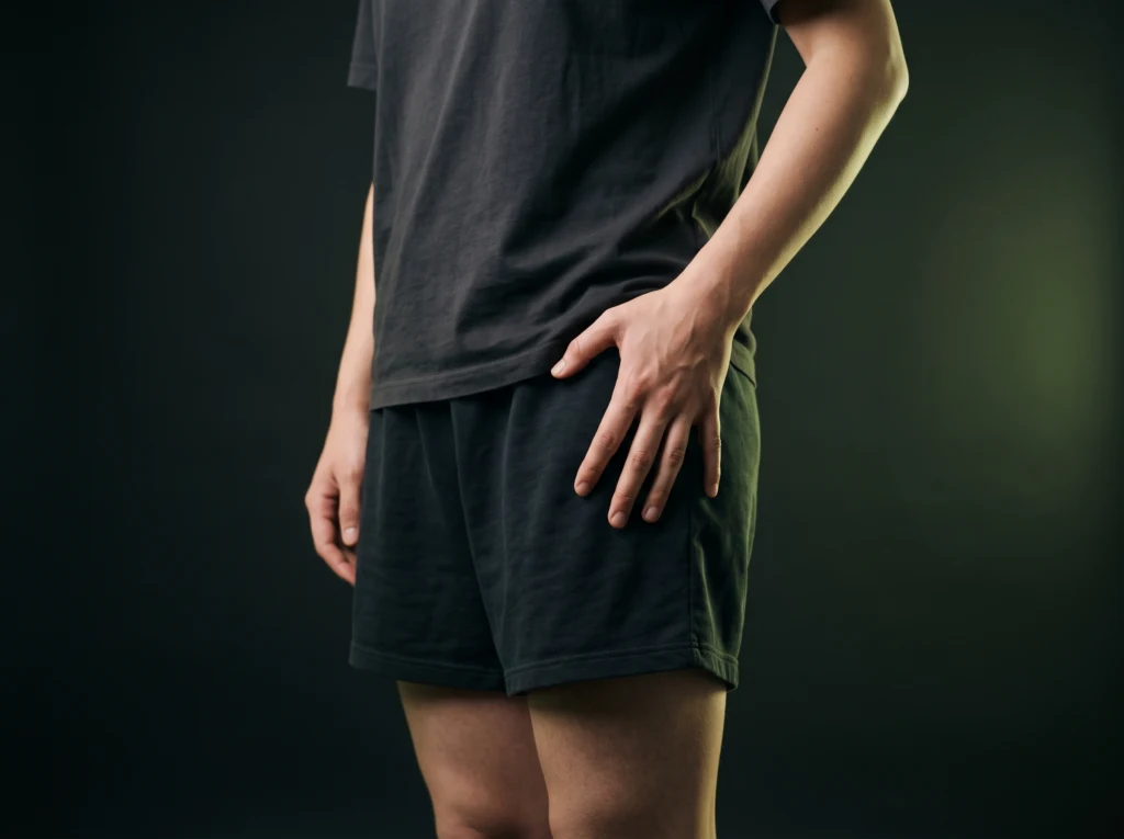 Person with a hand on their hip joint, dark background