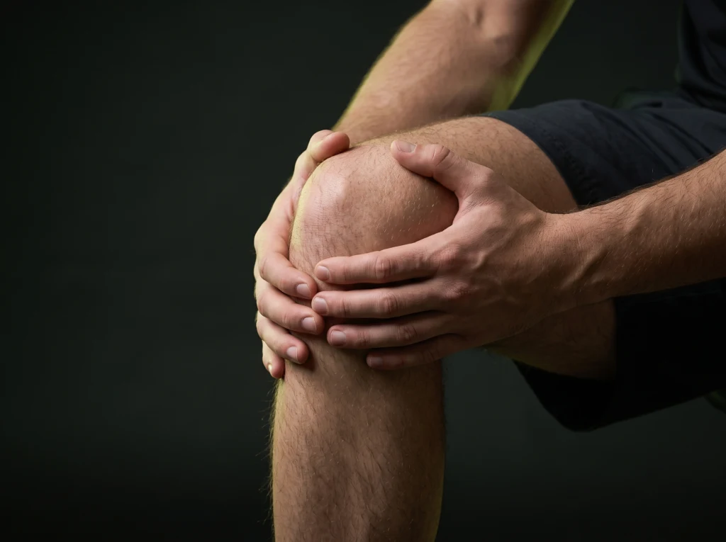 Person holding their knee with both hands, dark background