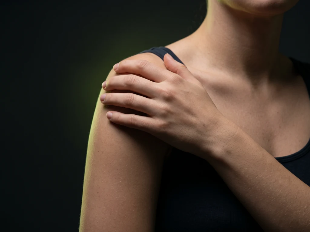 Person holding a sore shoulder, dark background