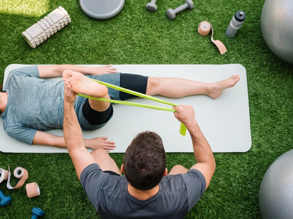 Kinesitherapy: exercise with a resistance band on a mat
