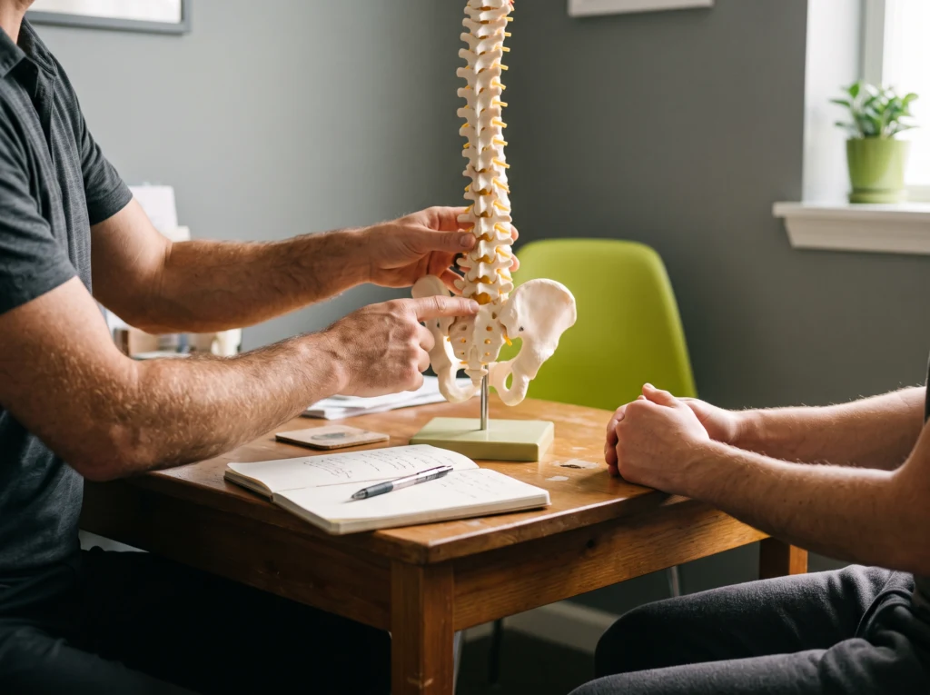 Kinesitherapist explaining with a spine model during a consultation