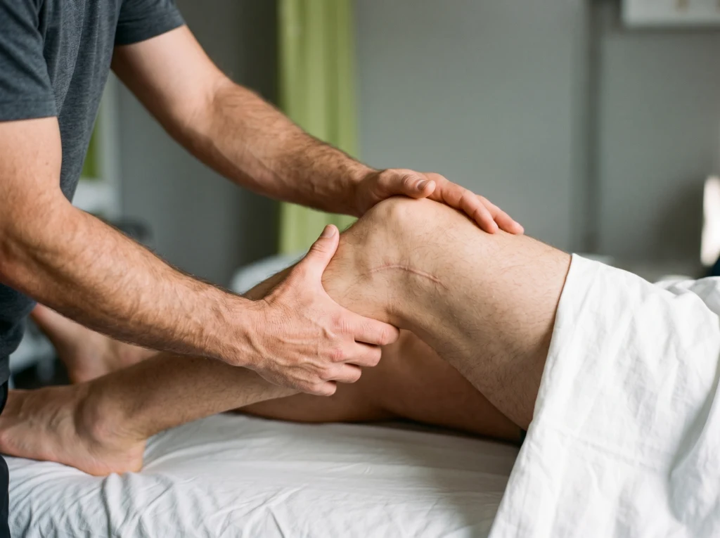 Kinesitherapist moving a patient’s knee after surgery