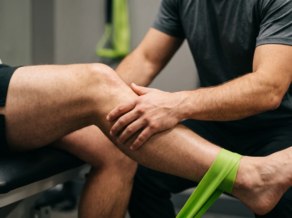 Knee exercise with a resistance band, supervised by a kinesitherapist
