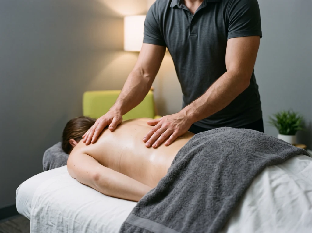 A kinesitherapist massages a patient’s back with slow, smooth strokes